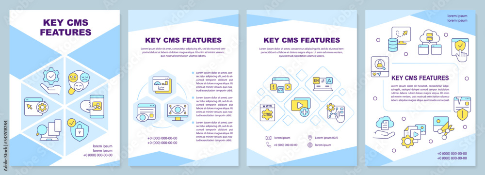 Wall mural Key CMS features blue brochure template. SEO tools. Leaflet design with linear icons. Editable 4 vector layouts for presentation, annual reports. Arial-Black, Myriad Pro-Regular fonts used