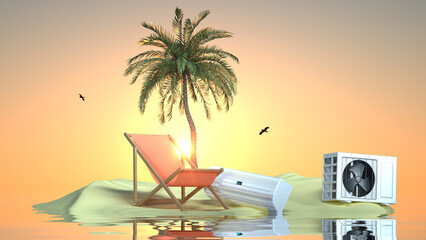 Beach chair and Air conditioner on a tropical island. Summertime Holiday Comfort concept. Palm tree and sunset in background. 3D render.