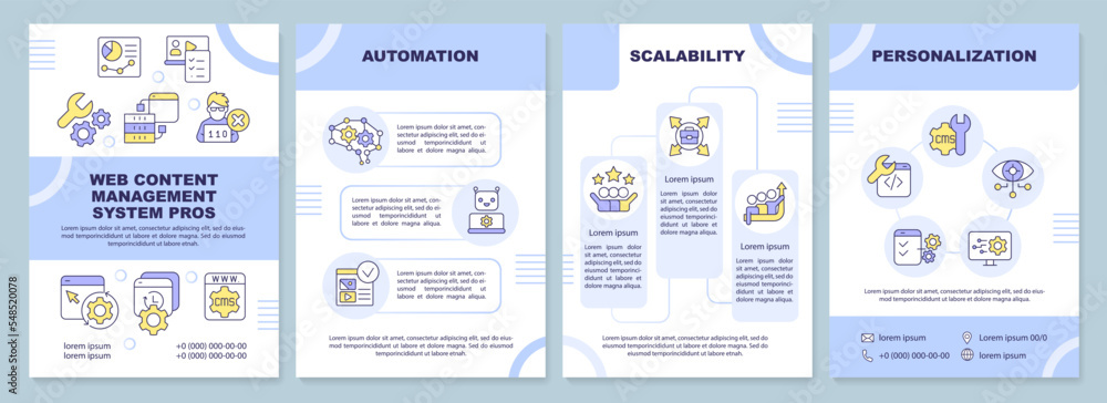 Wall mural Web content management system pros purple brochure template. Leaflet design with linear icons. Editable 4 vector layouts for presentation, annual reports. Arial-Black, Myriad Pro-Regular fonts used