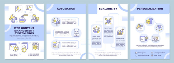Web content management system pros purple brochure template. Leaflet design with linear icons. Editable 4 vector layouts for presentation, annual reports. Arial-Black, Myriad Pro-Regular fonts used