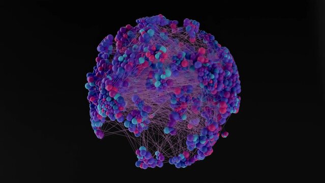 Particle neural net of 3D spheres in a blue and pink gradient. Abstract video animation isolated on black background. 3D render.