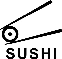 Sushi roll and chopsticks for sushi, icon vector. Roll and chopsticks for sushi in black, below the inscription Sushi.