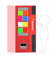 3d white with black edge stroke character pressing a button on a vending machine