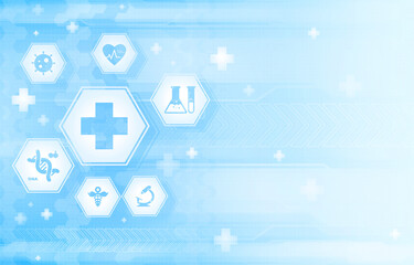 Blue and white futuristic background with medicine symbols