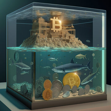 A glass pool filled with sharks and bitcoin tokens of a crypto-bank exchange. A speculative finance concept and of lack of regulation in crypto custody of exchange platforms.