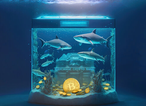 Bitcoin crypto-bank exchange in sharks aquarium. Underwater bank with Bitcoin and altcoins tokens by sharks swimming in tank. Concept of speculative finance, lack of regulation in scam in the cryptos