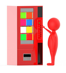 3d red character pressing a button on a vending machine