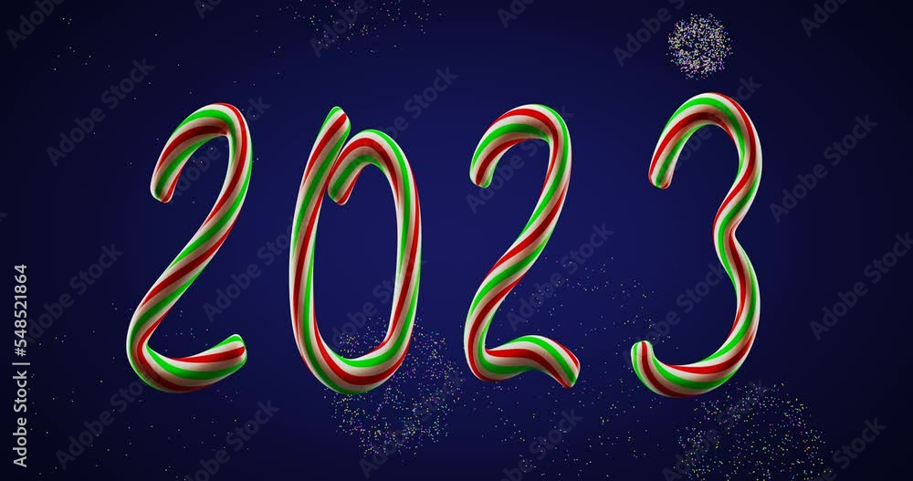 Poster new year. the numbers 2022 change to 2023. christmas candy figurine against the background of explod
