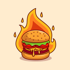 Burger cheese with fire cartoonicon illustration. food object icon concept isolated 