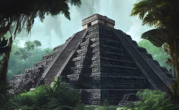 brutalist mayan temple in the jungle, mexica, tulum piramide de kukulkan