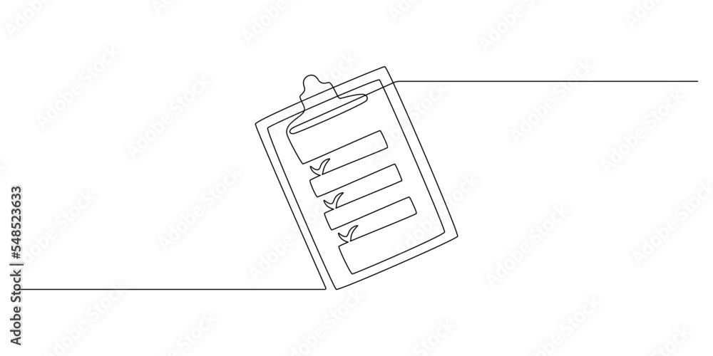 Poster clipboard with checklist with clipboard in one continuous line drawing. to do list with ticks and co