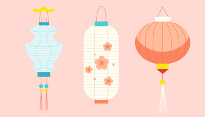 Set of cute Chinese paper lanterns in cartoon style. Hand drawn vector illustration. Asian festival decoration.