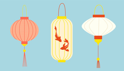 Set of cute Chinese paper lanterns in cartoon style. Hand drawn vector illustration. Asian festival decoration.