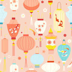 Seamless pattern with cute Chinese paper lanterns in cartoon style. Hand drawn vector illustration. Asian festival decoration.
