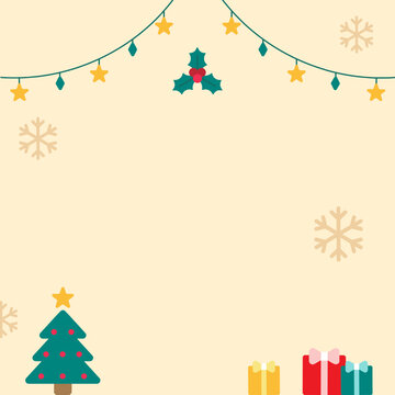 Cute Merry Christmas Happy New Year Christmas Tree Holly Mistle Toe Gift Present Christmas Snowflake Star Decorative light Square Post Card Poster Promotion Banner Red Background Copy Space Template