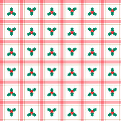 Cute Merry Christmas Holly Tree Mistletoe Red Green Blue Christmas Tree Line Stripe Striped Line Mesh Grid Checkered Plaid Tartan Buffalo Scott Gingham Background Seamless Pattern for Christmas
