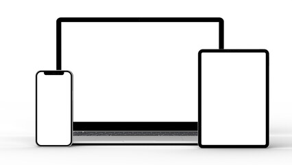 Laptop, Smartphone, and Tablet mockup isolated with transparent screen png	
