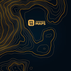 The stylized height of the topographic map contour in lines and contours. Yellow on dark blue . The concept of a conditional geography scheme and the terrain path. 1x1 Size. Vector illustration.