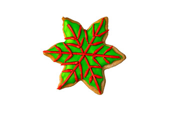 Christmas snowflake gingerbread cookies decorated with icing sugar pattern. Top view. Isolated on white background.