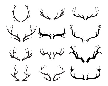 Deer antlers vector set. Hand drawn silhouettes of hunting trophies.Silhouette of the horns of a wild elk