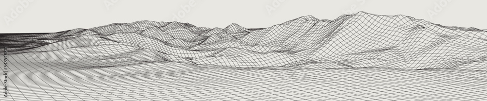 Poster abstract gentle hills in wireframe strokes. 3d grid technology illustration landscape. digital terra