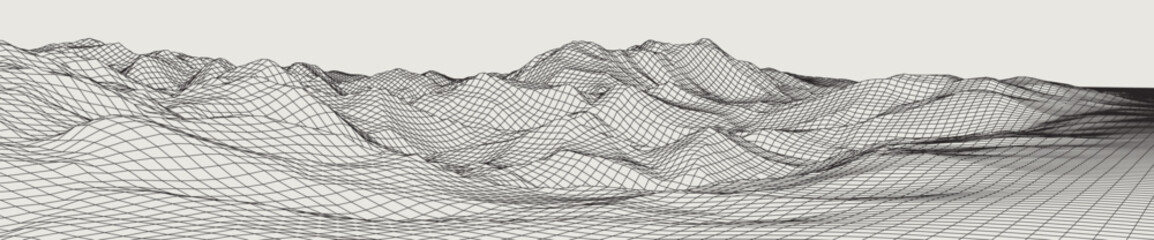 Abstract gentle hills in wireframe strokes. 3D grid technology illustration landscape. Digital Terrain Cyberspace in Mountains with valleys. Ultra Wide Size. Black on Gray. Vector