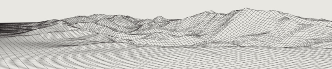 Abstract gentle hills in wireframe strokes. 3D grid technology illustration landscape. Digital Terrain Cyberspace in Mountains with valleys. Ultra Wide Size. Black on Gray. Vector