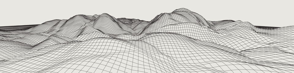 Abstract gentle hills in wireframe strokes. 3D grid technology illustration landscape. Digital Terrain Cyberspace in Mountains with valleys. Ultra Wide Size. Black on Gray. Vector
