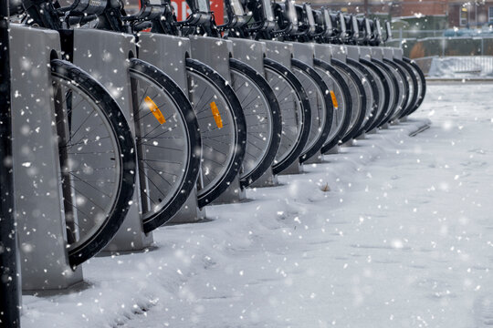 Row of many parked rental bicycles wheels, winter snow storm day scene. Urban transportation concept. Selective focus.
