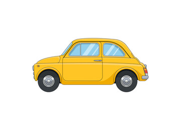 Yellow little car in cartoon style. Vintage automobile of european city. Vector flat illustration