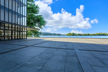 Empty city square and beautiful lake natural scenery in Hangzhou, China.