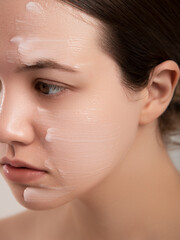 Beautiful woman applying moisturizer cream on her face. Photo of smiling woman with perfect makeup on pink background. Beauty concept