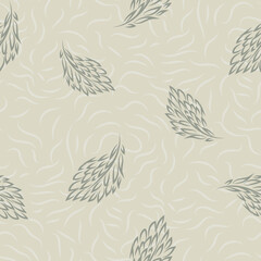 Line art style scattered simple leaves seamless vector pattern background. Hand-drawn irregular leaf foliage on textured hessian fibre backdrop. Organic botanical repeat. Neutral ecru beige.