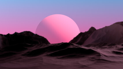 Pink planet on the horizon among mountains in blur. Fantastic twilight landscape of mountains and a planet. 3D render. © Binkontan
