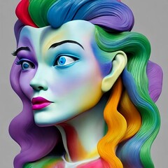 Fototapeta premium Beautiful 3D Porcelain Woman Illustration, Colorful Fashion, Hair color, Beauty