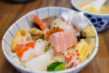 Japanese sashimi rice bowl in restaurant