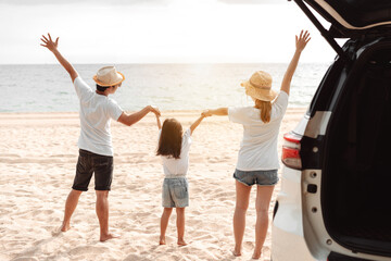 Family travel car road trip concept. summer vacation in car in the sunset, Dad, mom and daughter happy traveling enjoy and relaxation together driving in holidays, people,lifestyle with transportation