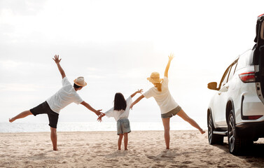 Fototapeta na wymiar Family travel car road trip concept. summer vacation in car in the sunset, Dad, mom and daughter happy traveling enjoy and relaxation together driving in holidays, people,lifestyle with transportation