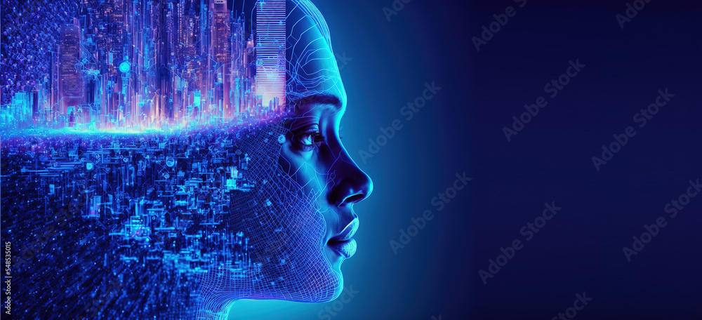 Poster artificial intelligence looking at smart city, connected with planet through global mobile internet 