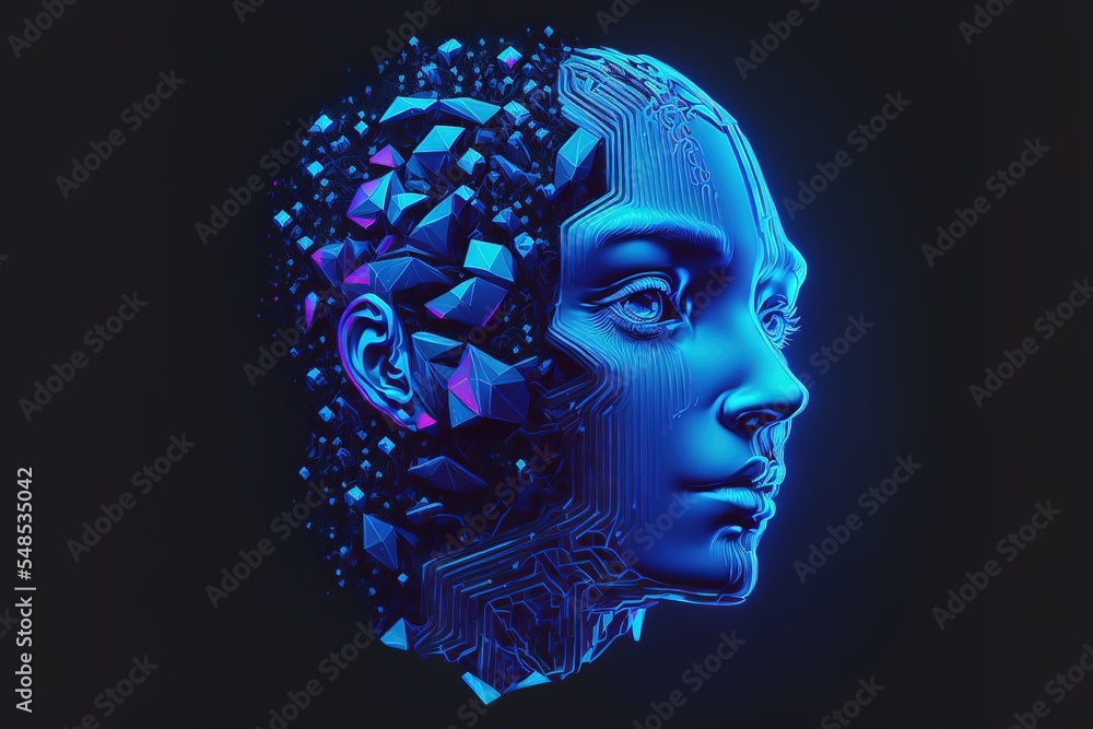 Wall mural Artificial intelligence or AI in image humanoid head with anthropomorphic face analyzing flow big data Futuristic modern 3d illustration