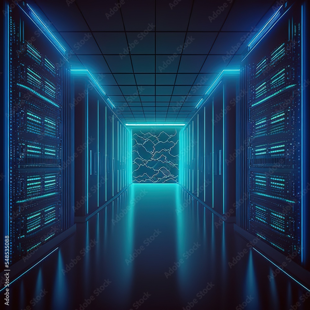 Poster data center or server room with servers of information cloud storage futuristic modern 3d illustrati