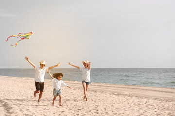 Happy Family with car travel road trip. summer vacation in car in the sunset, Dad, mom and daughter happy traveling enjoy together driving in holidays, people lifestyle ride by automobile.