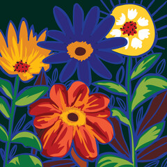 Flowers, leaves, botanical hand drawn background vector illustration.
