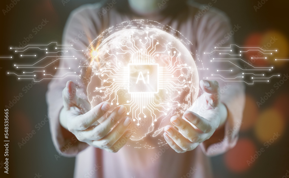 Poster virtual hologram globe in hand. artificial intelligence and innovation concept global network, inter