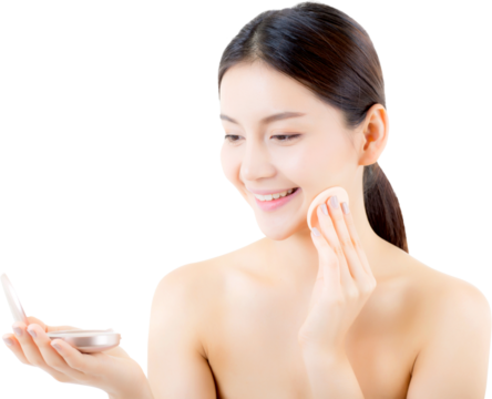 Beauty asian woman applying cosmetic transparent file.