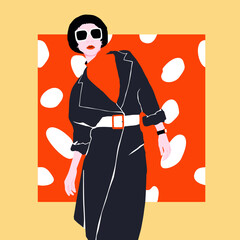Fashion minimal flat vector illustration glamor retro Paris Lady. 