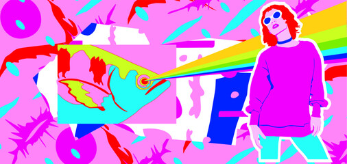 Fashion minimal vector illustration. Stylish absurd girl and fish  banner sale