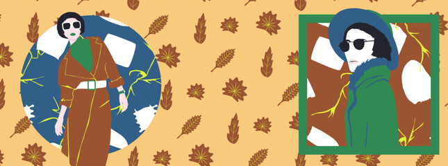 Fashion minimal vector illustration. Stylish collage retro Lady autumn look
