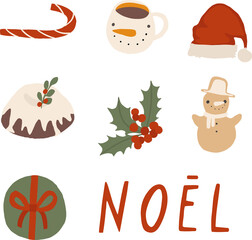 Cute Christmas elements clipart set. Candy cane, snowman cup, christmas cake, holly leaves, gingerbread cookie, gift box and lettering noel, cartoon illustration isolated png