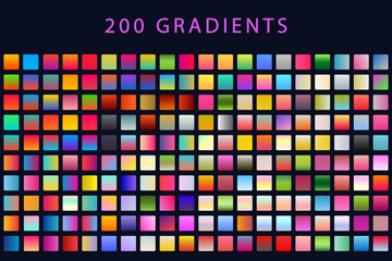Big Set of Gradients. 200 Vibrant Color Swatches Background Collection Flat Vector.